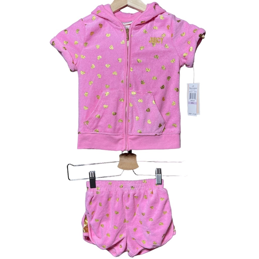 NWT Girls Juicy Couture Two Piece Pink & Gold Hoodie short sleeve top & shorts